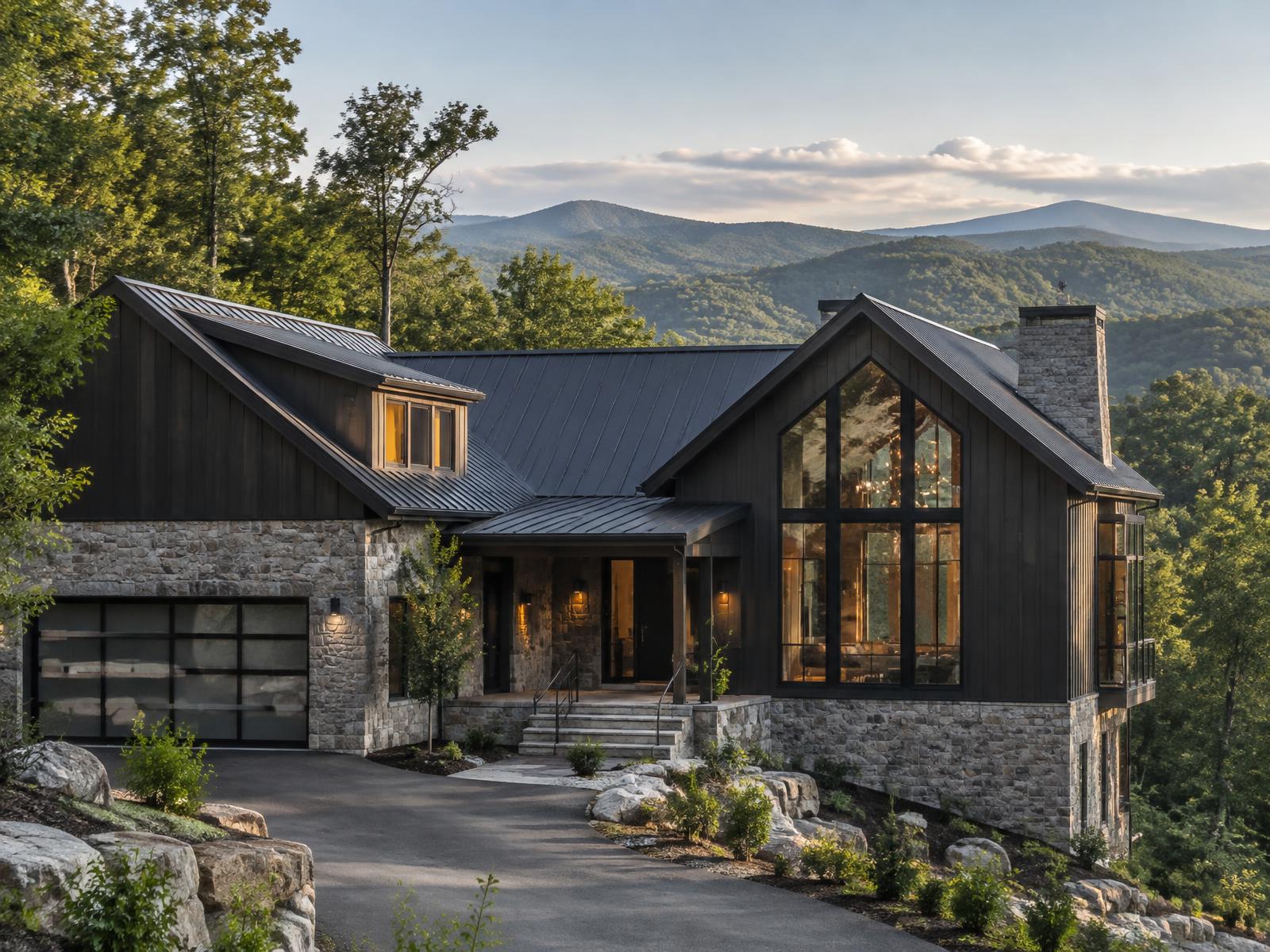 Newly built mountain modern home on a wooded slope in Western North Carolina