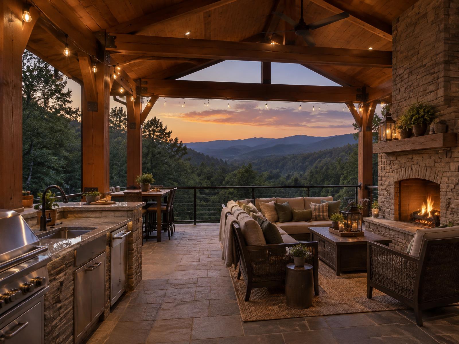 Covered outdoor living space of a Western North Carolina mountain home at dusk