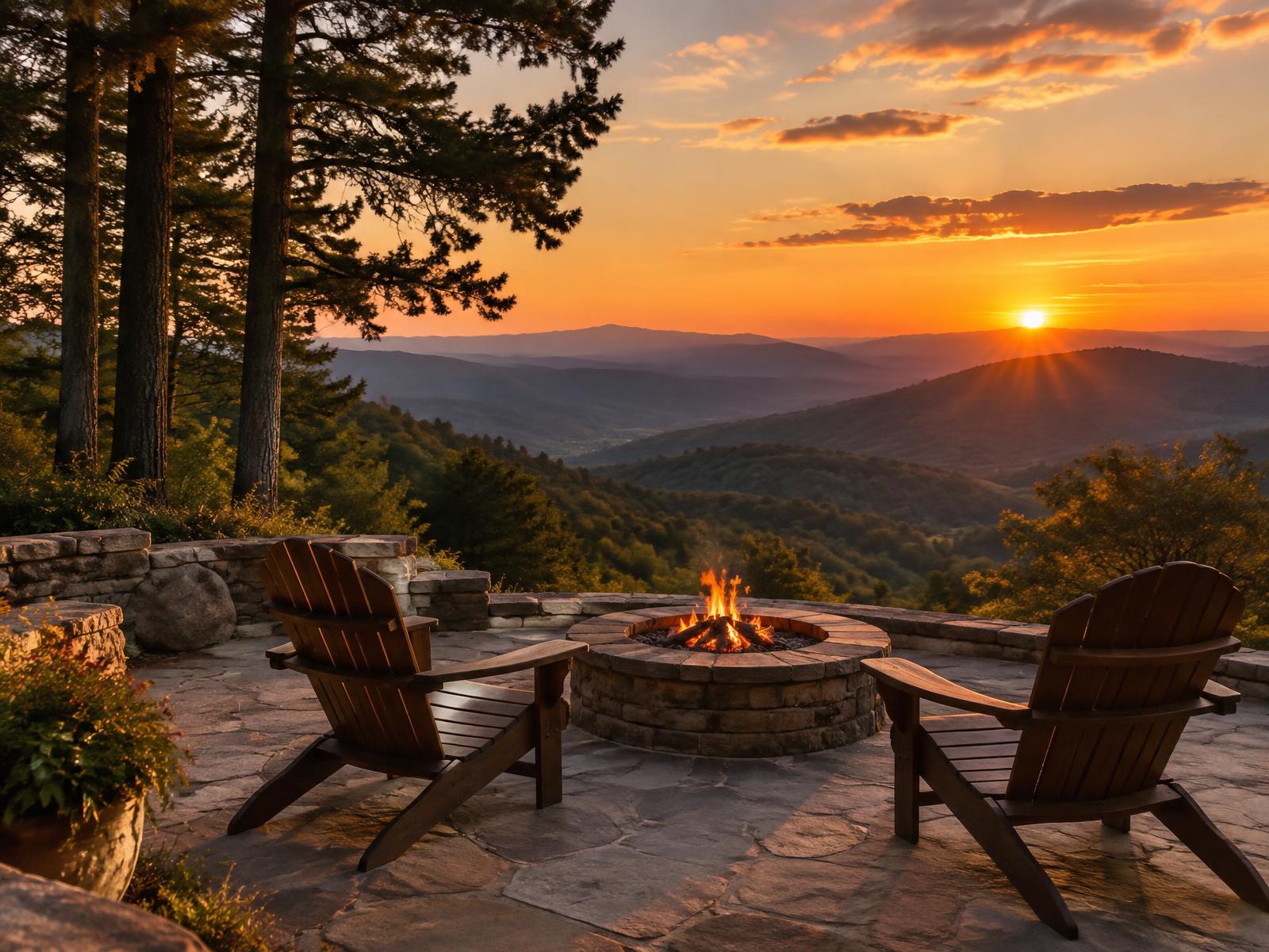 Remodeled mountain home terrace with sunset ridge views in Western North Carolina
